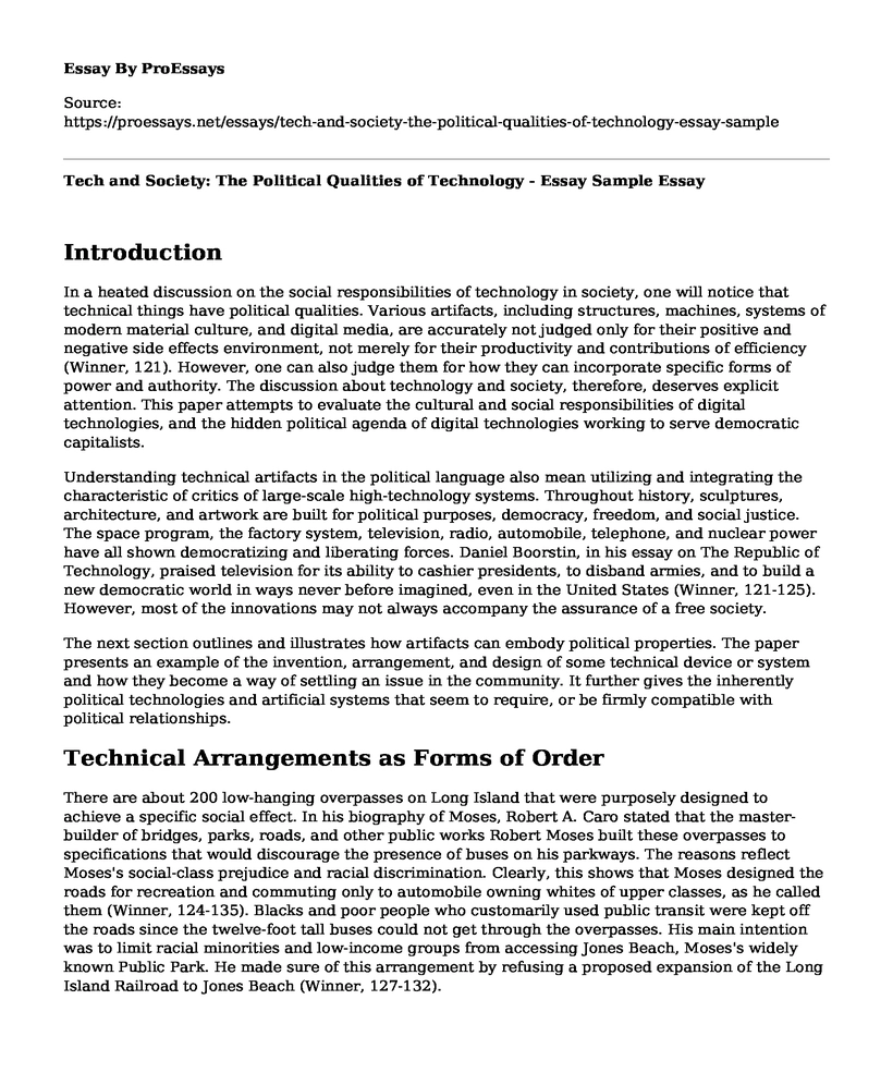 Tech and Society: The Political Qualities of Technology - Essay Sample