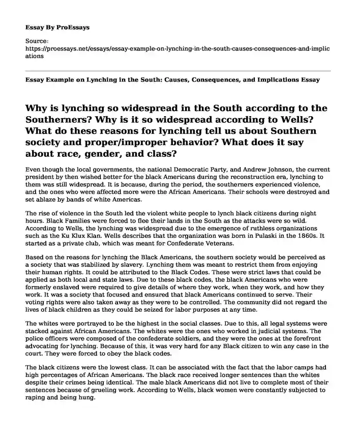 Essay Example on Lynching in the South: Causes, Consequences, and Implications