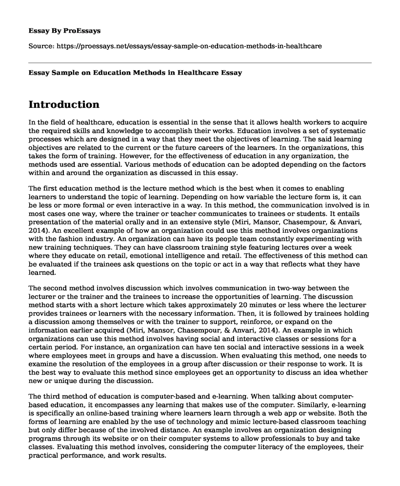 Essay Sample on Education Methods in Healthcare