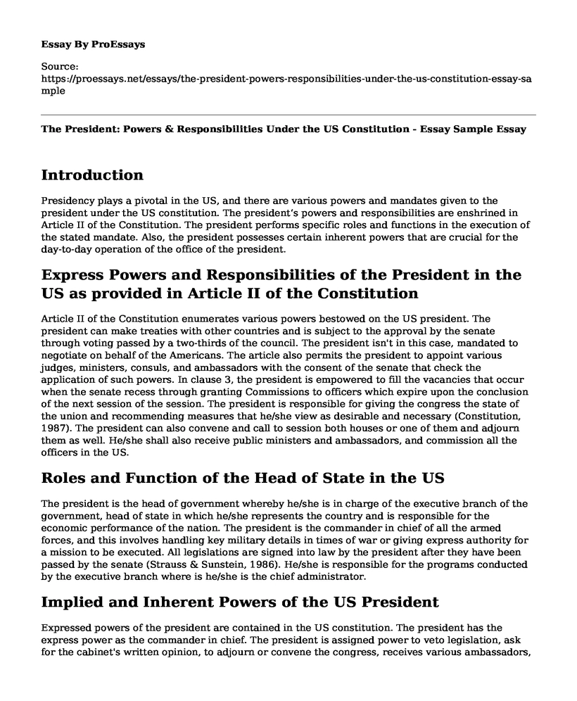 The President: Powers & Responsibilities Under the US Constitution - Essay Sample
