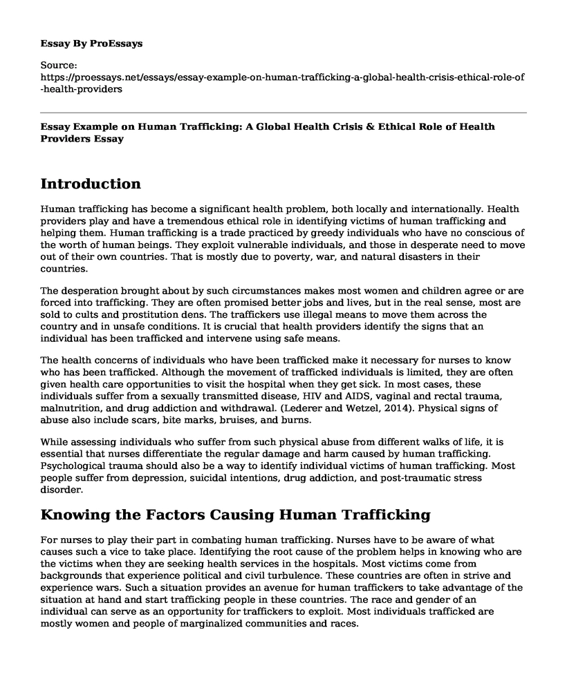 Essay Example on Human Trafficking: A Global Health Crisis & Ethical Role of Health Providers