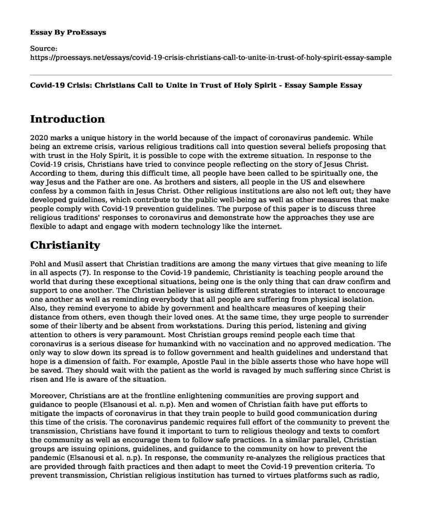 Covid-19 Crisis: Christians Call to Unite in Trust of Holy Spirit - Essay Sample