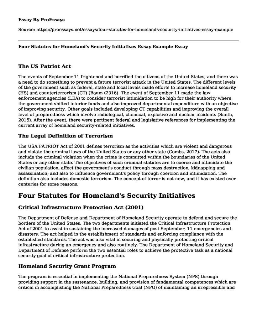 Four Statutes for Homeland's Security Initiatives Essay Example