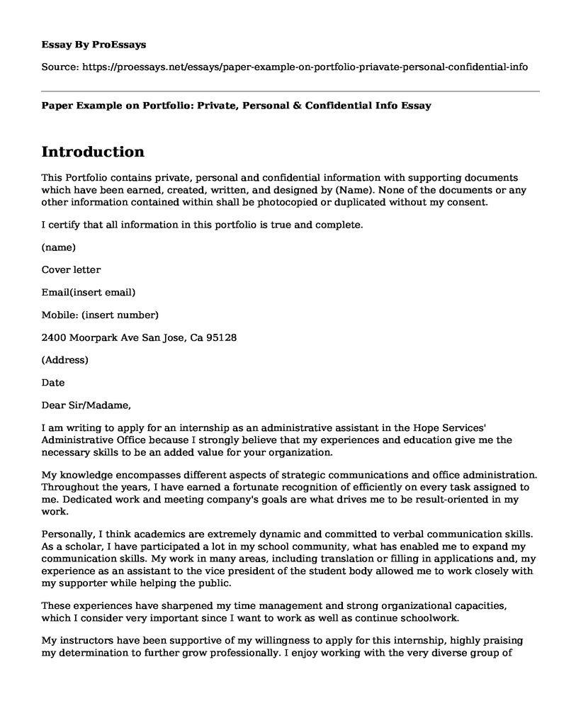 Paper Example on Portfolio: Private, Personal & Confidential Info