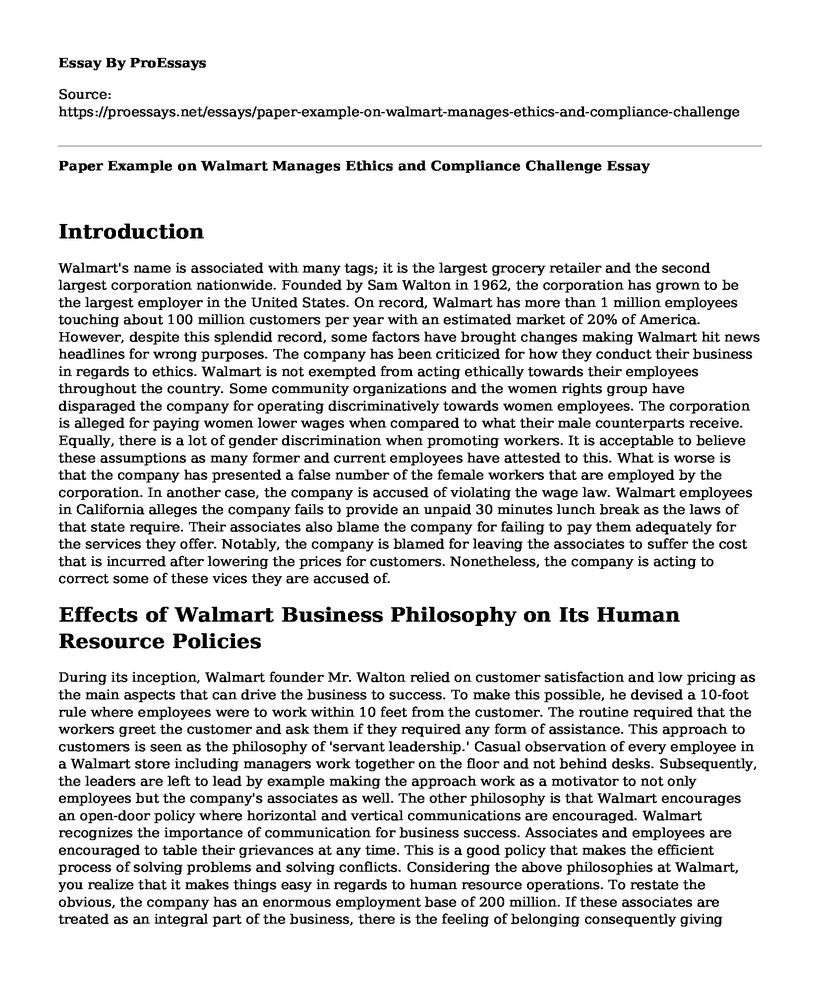 Paper Example on Walmart Manages Ethics and Compliance Challenge