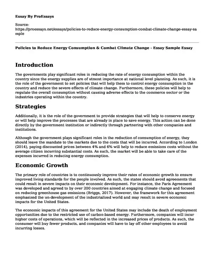 Policies to Reduce Energy Consumption & Combat Climate Change - Essay Sample