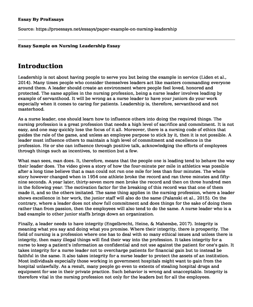 Essay Sample on Nursing Leadership