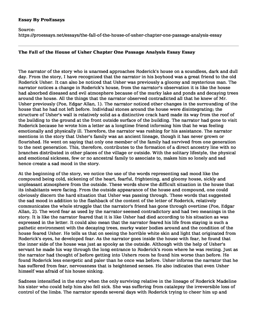The Fall of the House of Usher Chapter One Passage Analysis Essay
