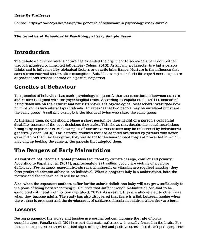The Genetics of Behaviour in Psychology - Essay Sample