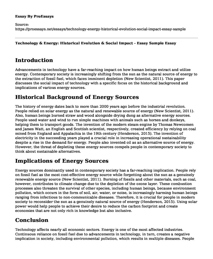 Technology & Energy: Historical Evolution & Social Impact - Essay Sample