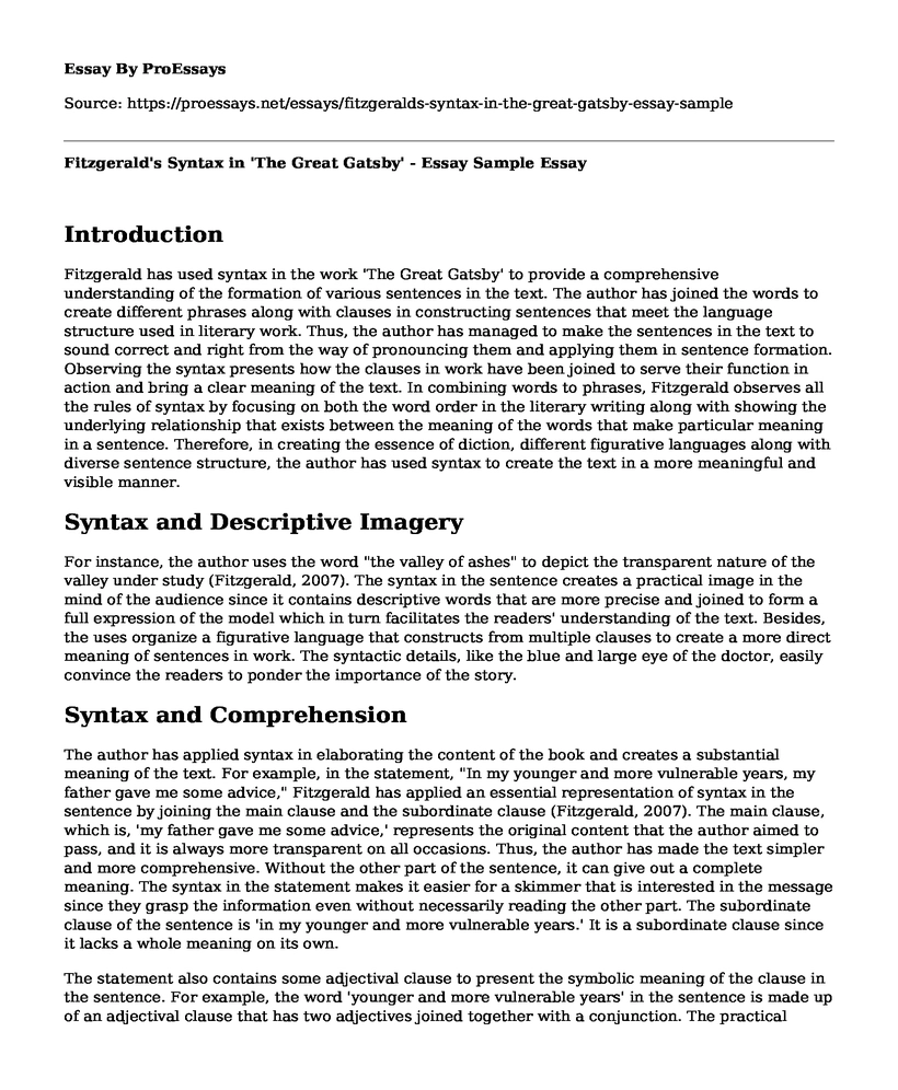 Fitzgerald's Syntax in 'The Great Gatsby' - Essay Sample