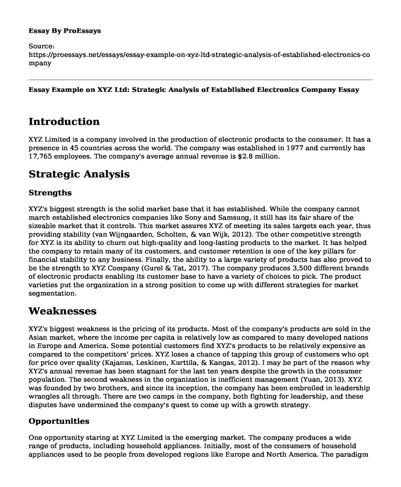 Essay Example on XYZ Ltd: Strategic Analysis of Established Electronics Company