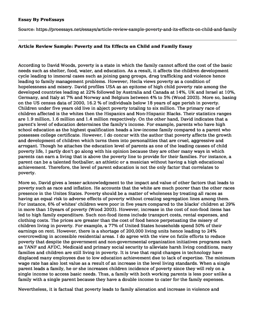 Article Review Sample: Poverty and Its Effects on Child and Family