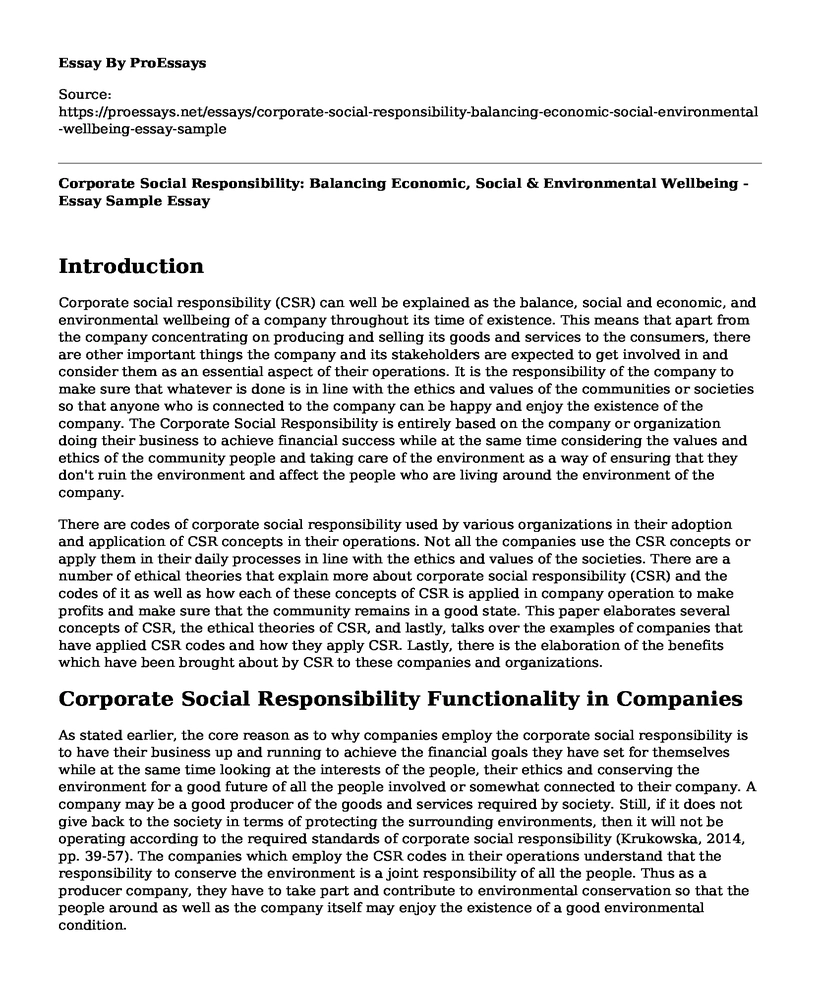 Corporate Social Responsibility: Balancing Economic, Social & Environmental Wellbeing - Essay Sample