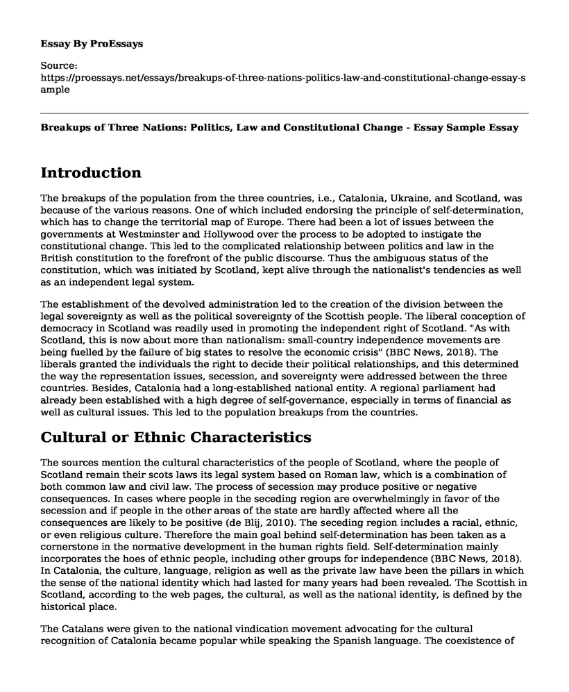 Breakups of Three Nations: Politics, Law and Constitutional Change - Essay Sample