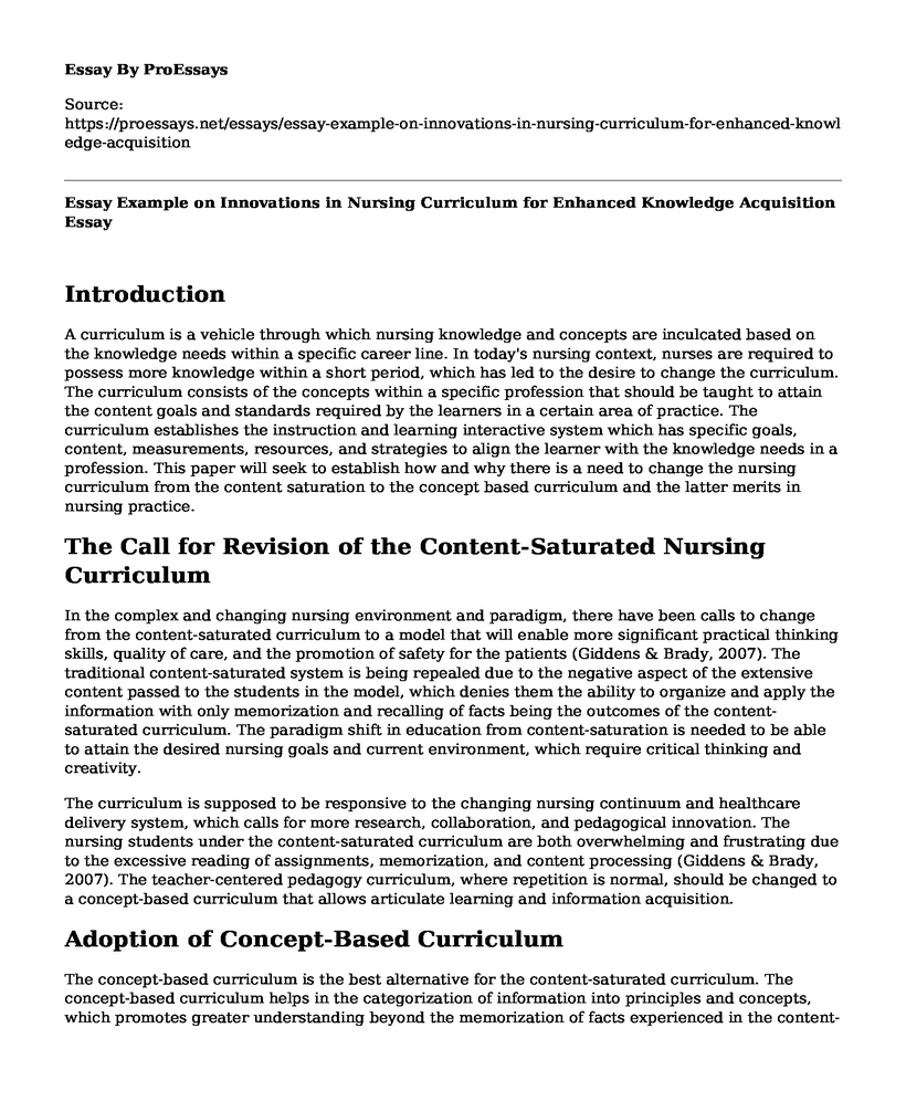 Essay Example on Innovations in Nursing Curriculum for Enhanced Knowledge Acquisition