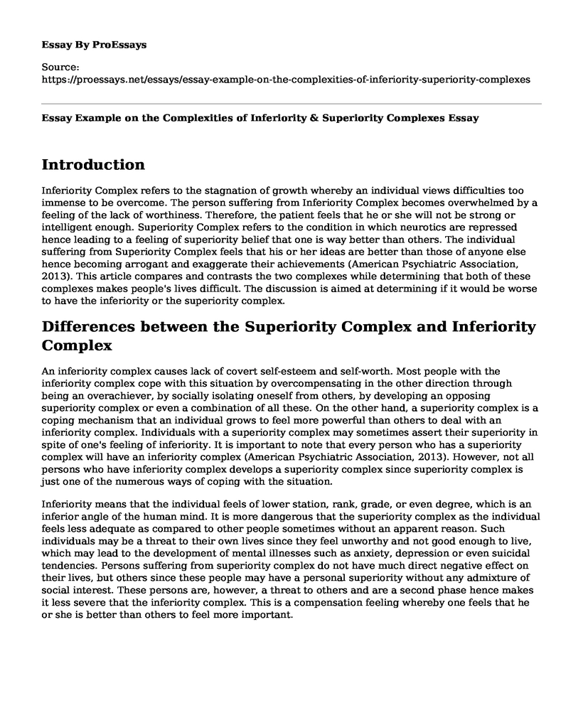 Essay Example on the Complexities of Inferiority & Superiority Complexes