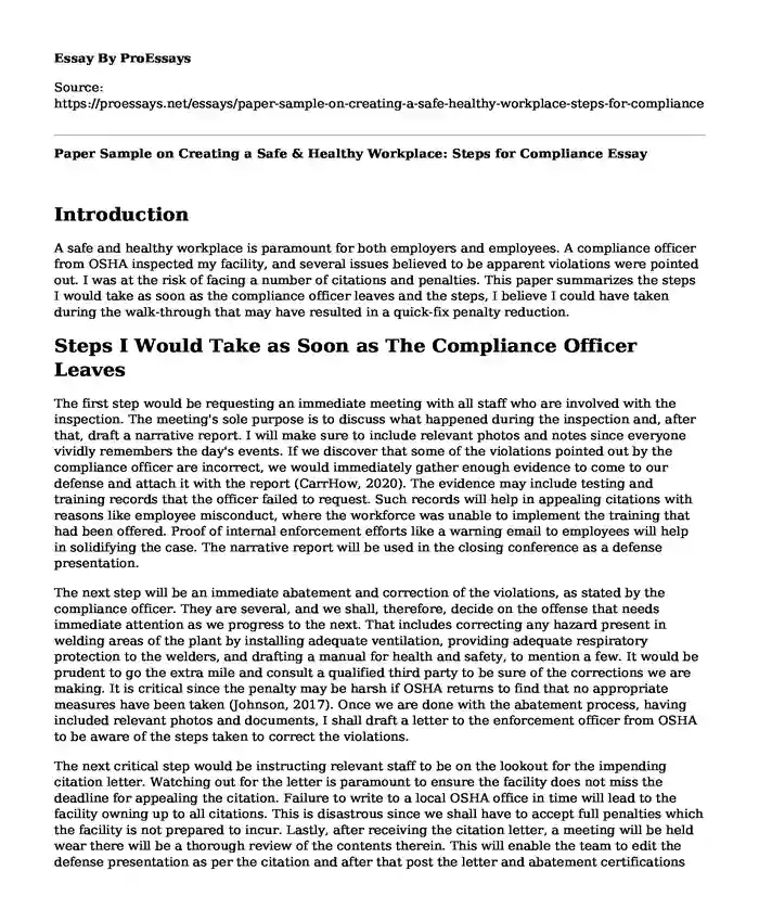 Paper Sample on Creating a Safe & Healthy Workplace: Steps for Compliance