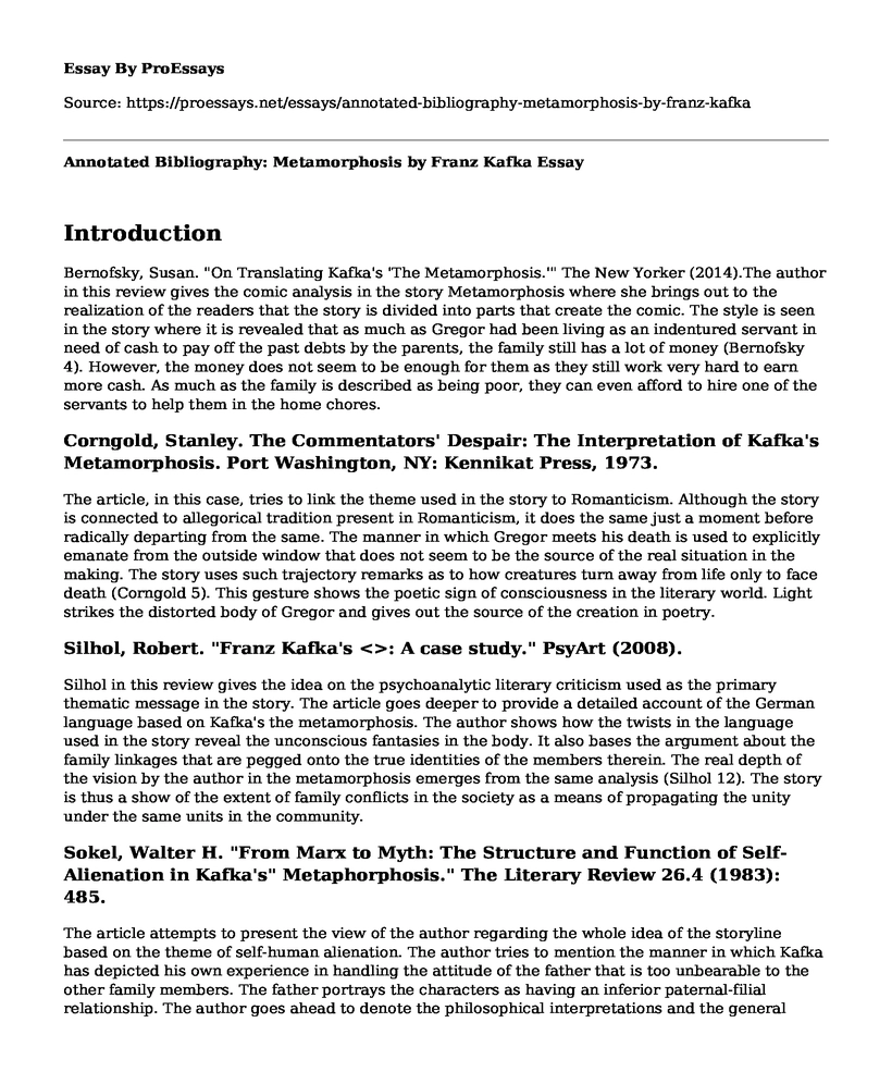 Annotated Bibliography: Metamorphosis by Franz Kafka