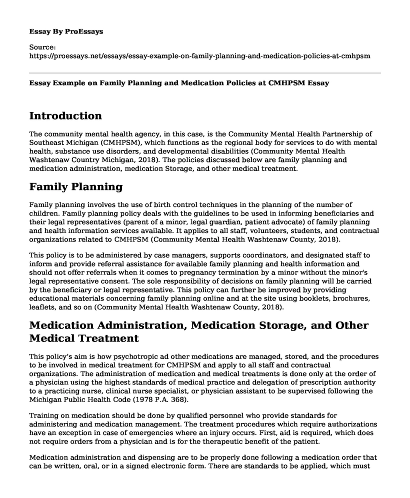 Essay Example on Family Planning and Medication Policies at CMHPSM