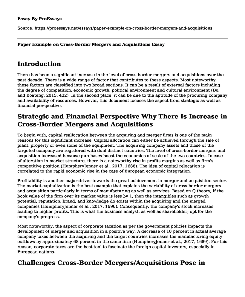 Paper Example on Cross-Border Mergers and Acquisitions