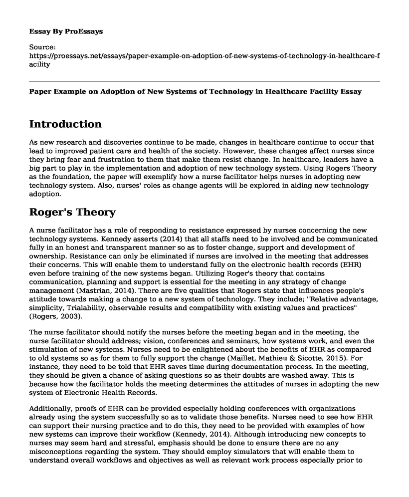 Paper Example on Adoption of New Systems of Technology in Healthcare Facility