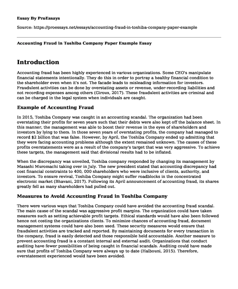 Accounting Fraud in Toshiba Company Paper Example