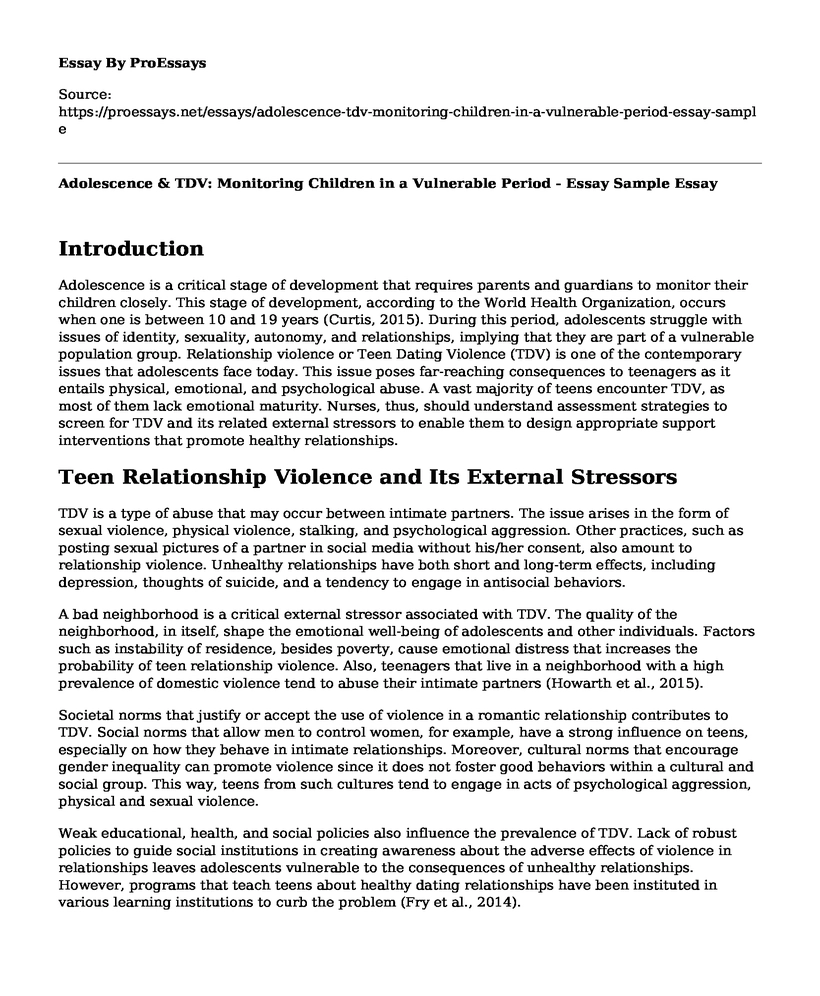 Adolescence & TDV: Monitoring Children in a Vulnerable Period - Essay Sample