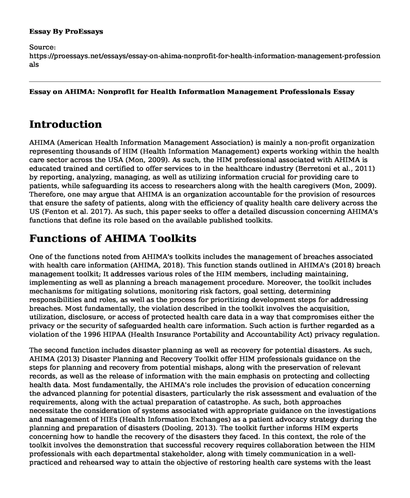 Essay on AHIMA: Nonprofit for Health Information Management Professionals