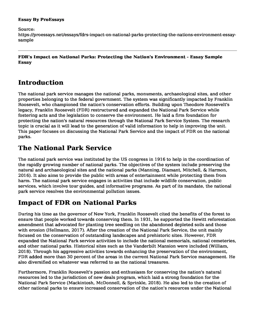 FDR's Impact on National Parks: Protecting the Nation's Environment - Essay Sample