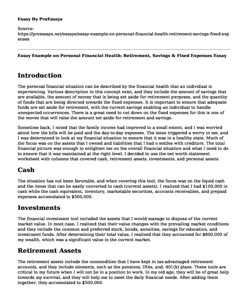 Essay Example on Personal Financial Health: Retirement, Savings & Fixed Expenses