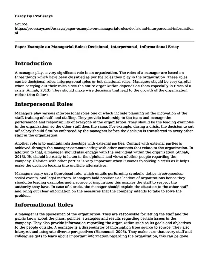 Paper Example on Managerial Roles: Decisional, Interpersonal, Informational