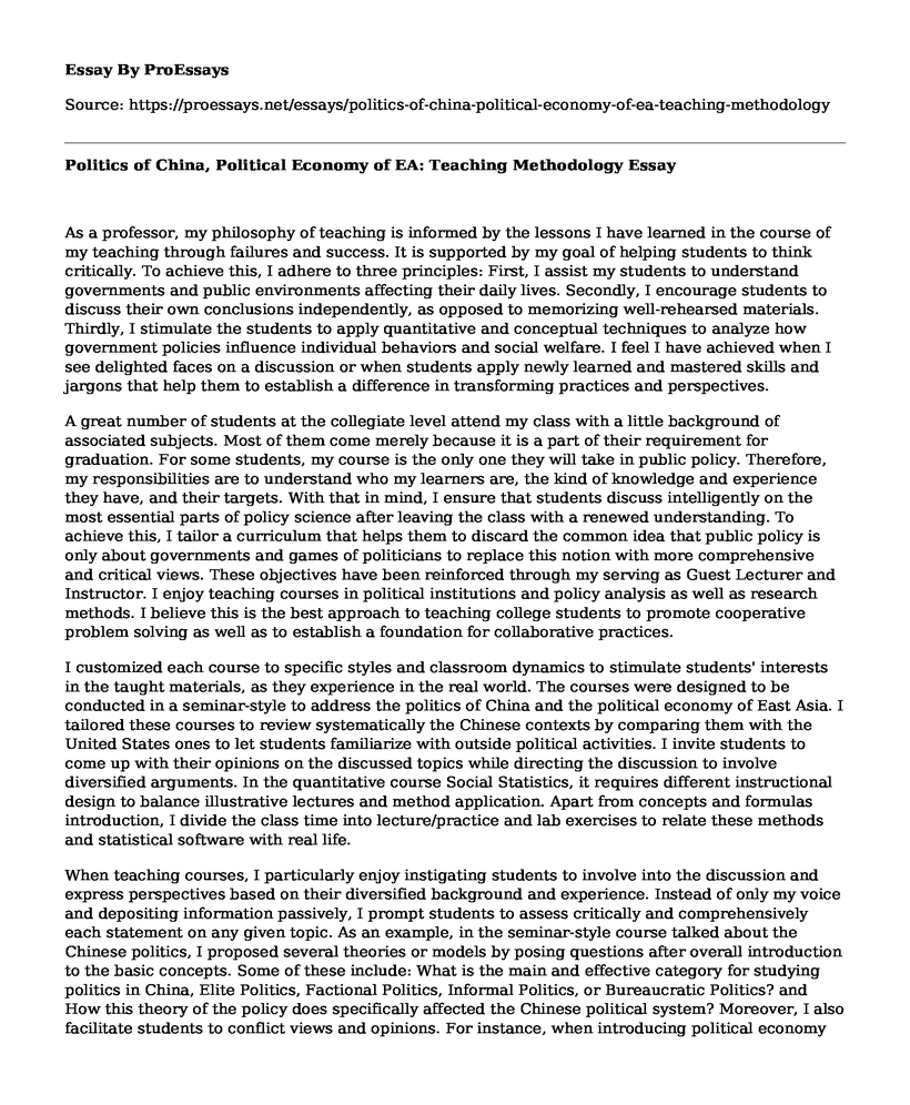 Politics of China, Political Economy of EA: Teaching Methodology
