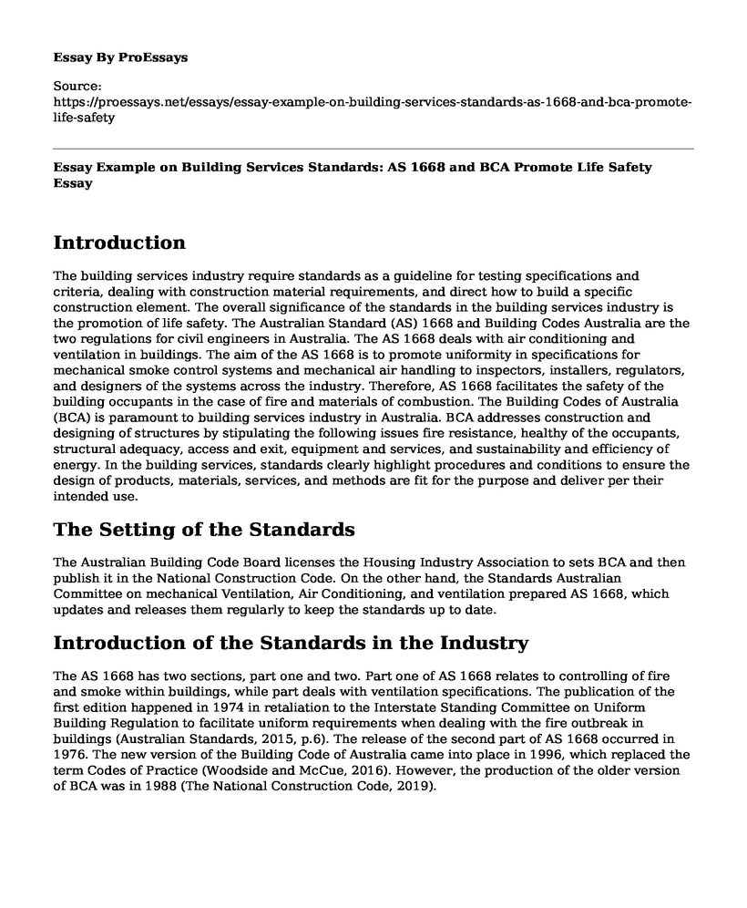 Essay Example on Building Services Standards: AS 1668 and BCA Promote Life Safety