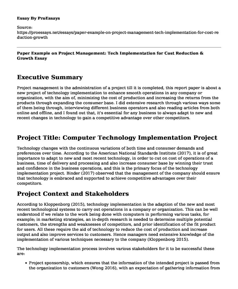 Paper Example on Project Management: Tech Implementation for Cost Reduction & Growth