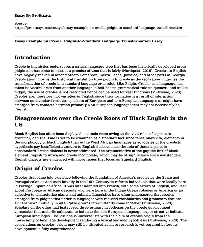 Essay Example on Creole: Pidgin-to-Standard Language Transformation