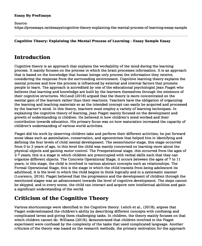 Cognitive Theory: Explaining the Mental Process of Learning - Essay Sample