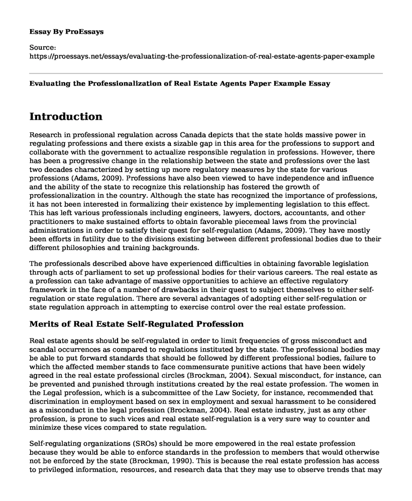Evaluating the Professionalization of Real Estate Agents Paper Example