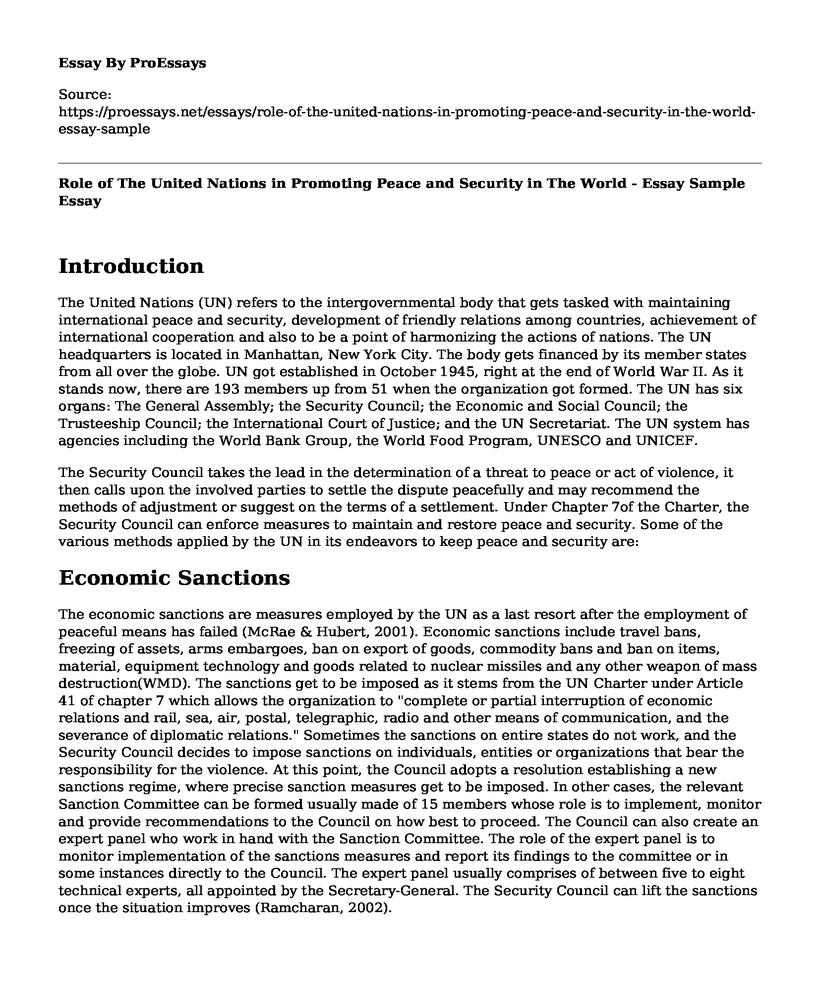 Role of The United Nations in Promoting Peace and Security in The World - Essay Sample