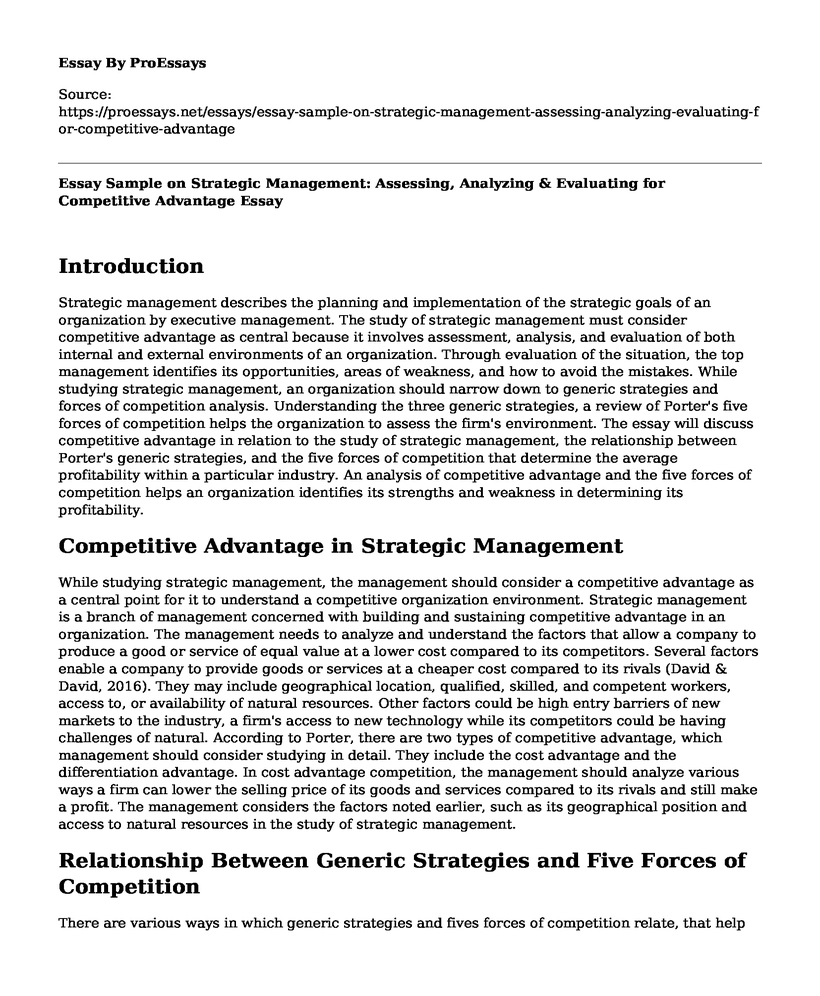 Essay Sample on Strategic Management: Assessing, Analyzing & Evaluating for Competitive Advantage