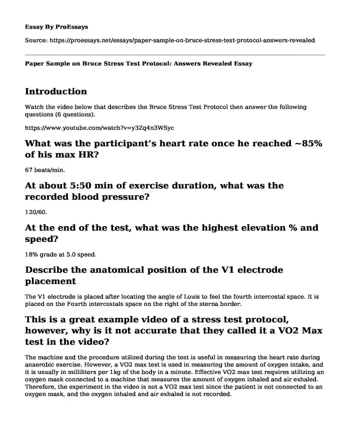 Paper Sample on Bruce Stress Test Protocol: Answers Revealed