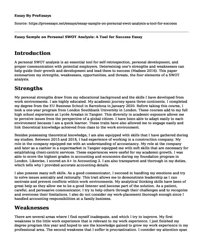 Essay Sample on Personal SWOT Analysis: A Tool for Success