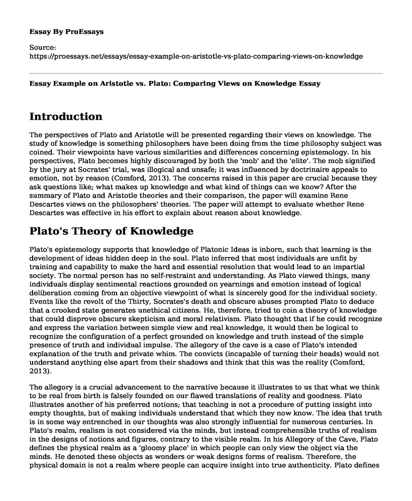 Essay Example on Aristotle vs. Plato: Comparing Views on Knowledge