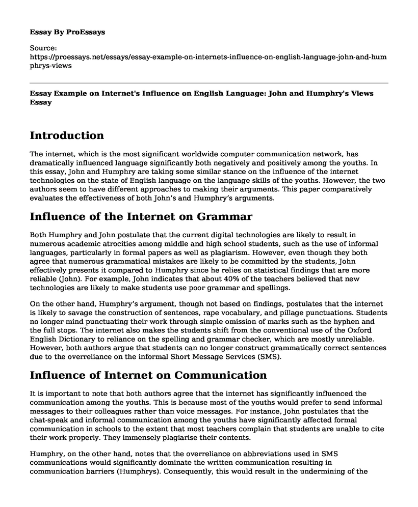Essay Example on Internet's Influence on English Language: John and Humphry's Views