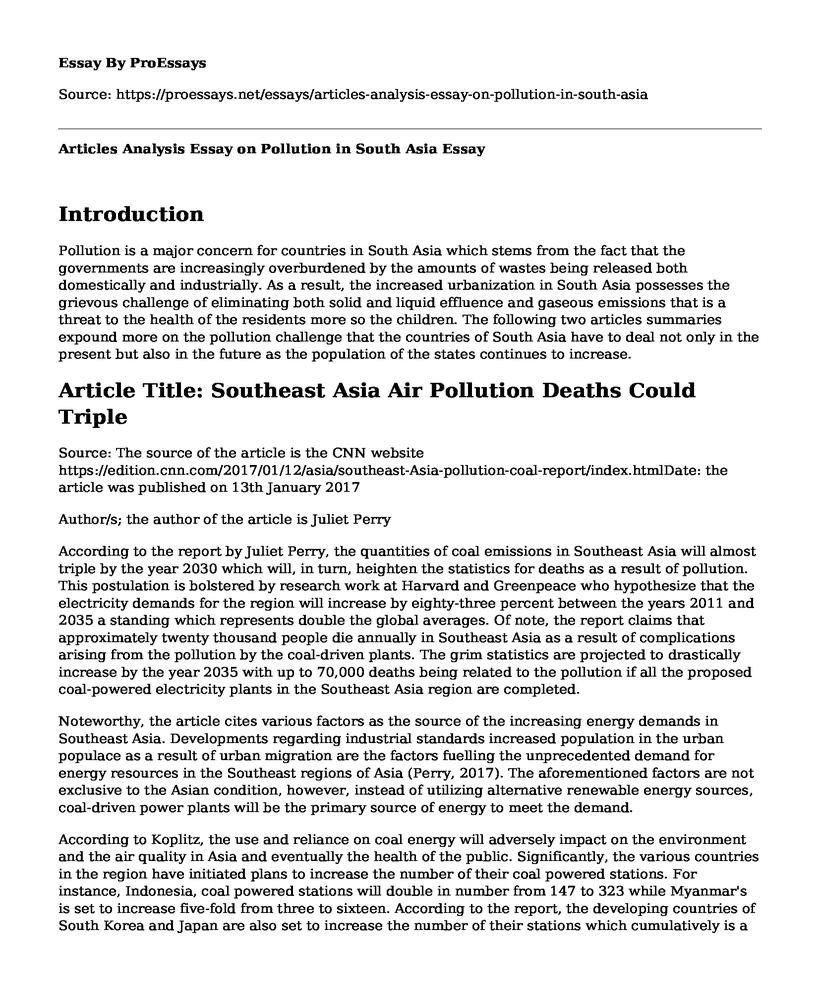 Articles Analysis Essay on Pollution in South Asia