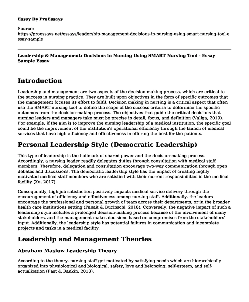 Leadership & Management: Decisions in Nursing Using SMART Nursing Tool - Essay Sample