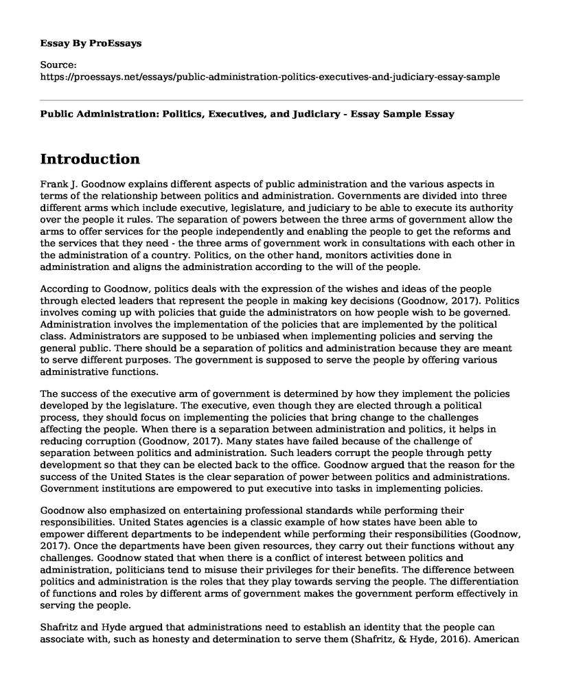 Public Administration: Politics, Executives, and Judiciary - Essay Sample