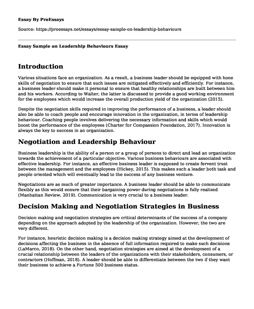 Essay Sample on Leadership Behaviours