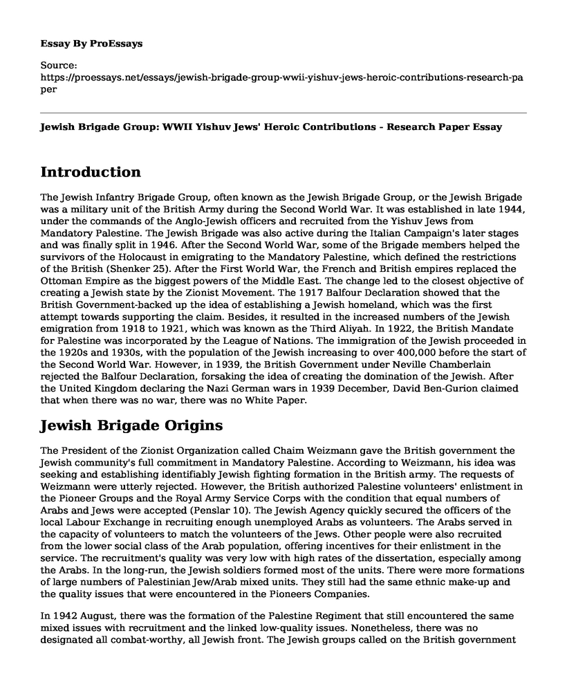 Jewish Brigade Group: WWII Yishuv Jews' Heroic Contributions - Research Paper