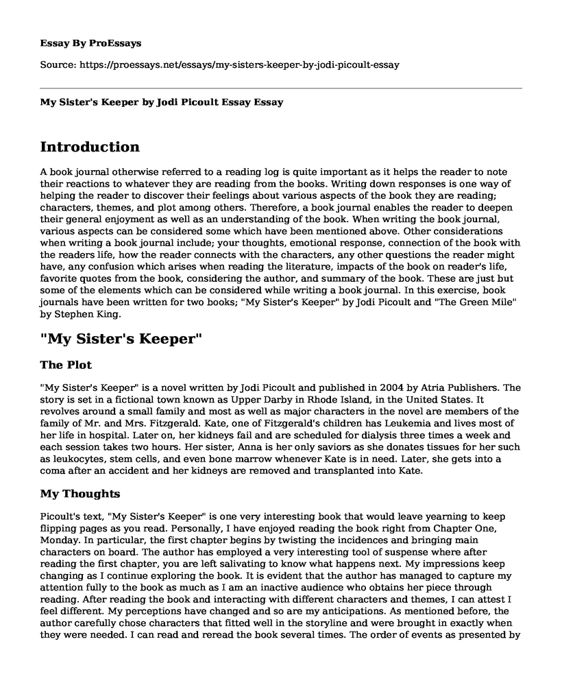 My Sister's Keeper by Jodi Picoult Essay